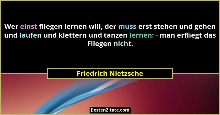 Wer einst fliegen lernen will, der muss erst stehen und gehen und laufen und klettern und tanzen lernen: - man erfliegt das Flie... - Friedrich Nietzsche