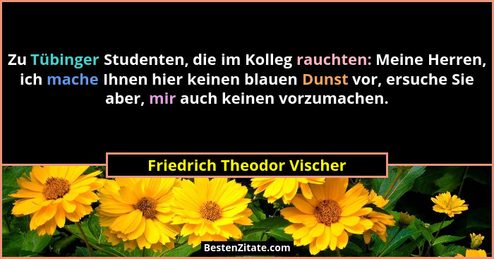 Zu Tübinger Studenten, die im Kolleg rauchten: Meine Herren, ich mache Ihnen hier keinen blauen Dunst vor, ersuche Sie abe... - Friedrich Theodor Vischer