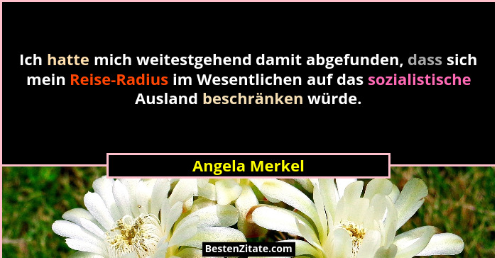 Ich hatte mich weitestgehend damit abgefunden, dass sich mein Reise-Radius im Wesentlichen auf das sozialistische Ausland beschränken... - Angela Merkel