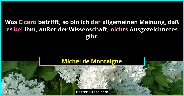 Was Cicero betrifft, so bin ich der allgemeinen Meinung, daß es bei ihm, außer der Wissenschaft, nichts Ausgezeichnetes gibt.... - Michel de Montaigne