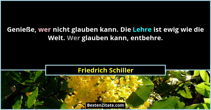 Genieße, wer nicht glauben kann. Die Lehre ist ewig wie die Welt. Wer glauben kann, entbehre.... - Friedrich Schiller