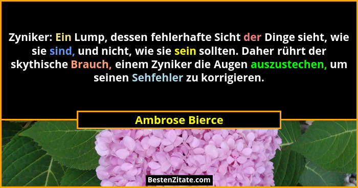 Zyniker: Ein Lump, dessen fehlerhafte Sicht der Dinge sieht, wie sie sind, und nicht, wie sie sein sollten. Daher rührt der skythisch... - Ambrose Bierce