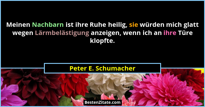 Meinen Nachbarn ist ihre Ruhe heilig, sie würden mich glatt wegen Lärmbelästigung anzeigen, wenn ich an ihre Türe klopfte.... - Peter E. Schumacher
