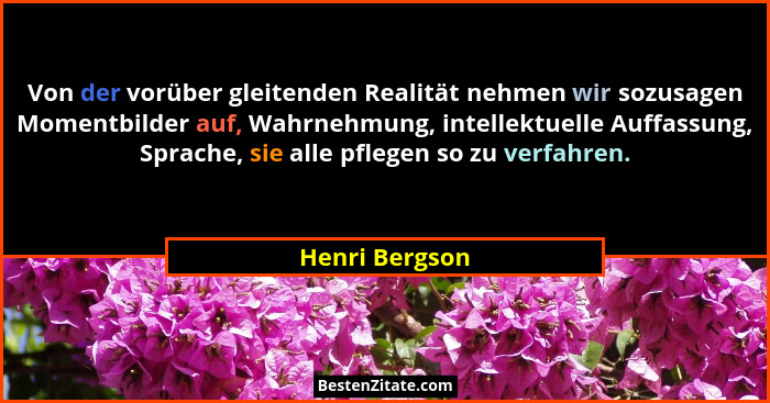 Von der vorüber gleitenden Realität nehmen wir sozusagen Momentbilder auf, Wahrnehmung, intellektuelle Auffassung, Sprache, sie alle p... - Henri Bergson