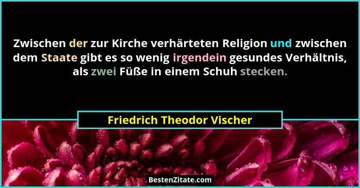Zwischen der zur Kirche verhärteten Religion und zwischen dem Staate gibt es so wenig irgendein gesundes Verhältnis, als z... - Friedrich Theodor Vischer