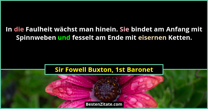 In die Faulheit wächst man hinein. Sie bindet am Anfang mit Spinnweben und fesselt am Ende mit eisernen Ketten.... - Sir Fowell Buxton, 1st Baronet