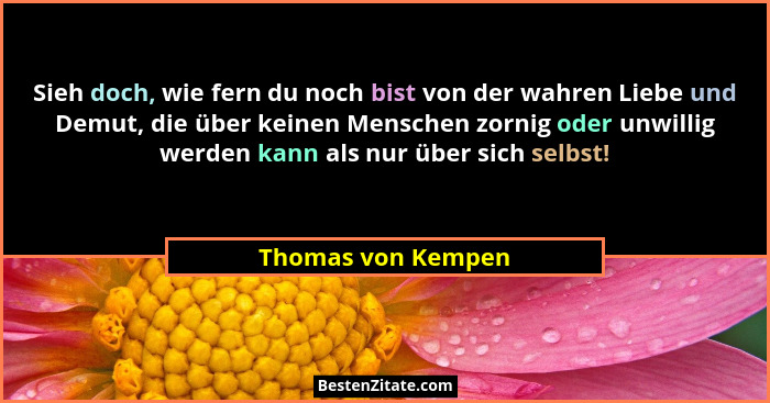 Sieh doch, wie fern du noch bist von der wahren Liebe und Demut, die über keinen Menschen zornig oder unwillig werden kann als nur... - Thomas von Kempen
