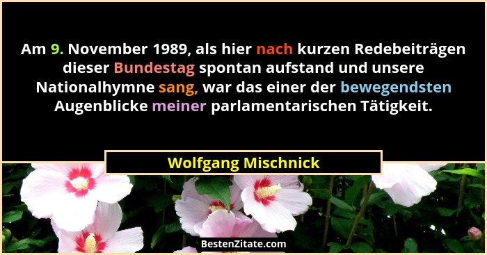 Am 9. November 1989, als hier nach kurzen Redebeiträgen dieser Bundestag spontan aufstand und unsere Nationalhymne sang, war das... - Wolfgang Mischnick