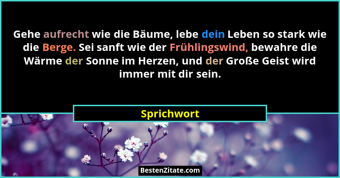 Gehe aufrecht wie die Bäume, lebe dein Leben so stark wie die Berge. Sei sanft wie der Frühlingswind, bewahre die Wärme der Sonne im Herz... - Sprichwort