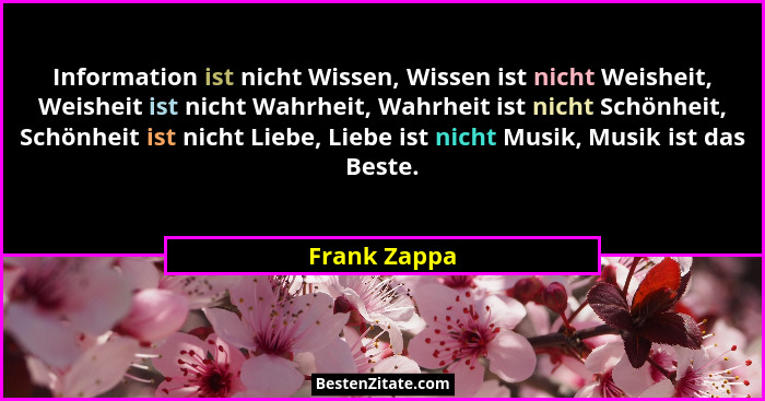 Information ist nicht Wissen, Wissen ist nicht Weisheit, Weisheit ist nicht Wahrheit, Wahrheit ist nicht Schönheit, Schönheit ist nicht... - Frank Zappa