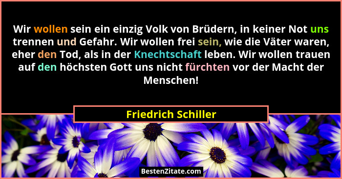 Wir wollen sein ein einzig Volk von Brüdern, in keiner Not uns trennen und Gefahr. Wir wollen frei sein, wie die Väter waren, ehe... - Friedrich Schiller
