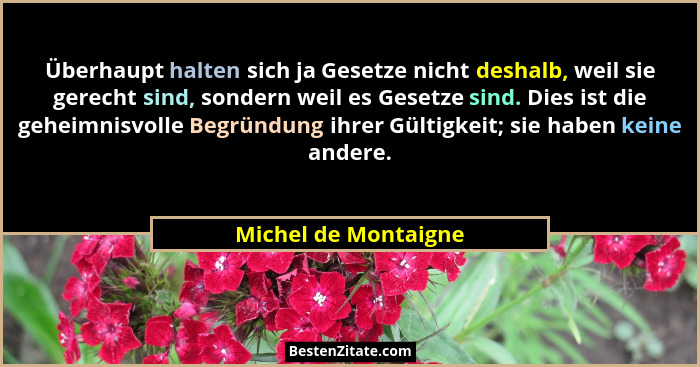 Überhaupt halten sich ja Gesetze nicht deshalb, weil sie gerecht sind, sondern weil es Gesetze sind. Dies ist die geheimnisvolle... - Michel de Montaigne