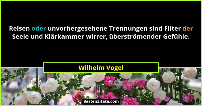Reisen oder unvorhergesehene Trennungen sind Filter der Seele und Klärkammer wirrer, überströmender Gefühle.... - Wilhelm Vogel