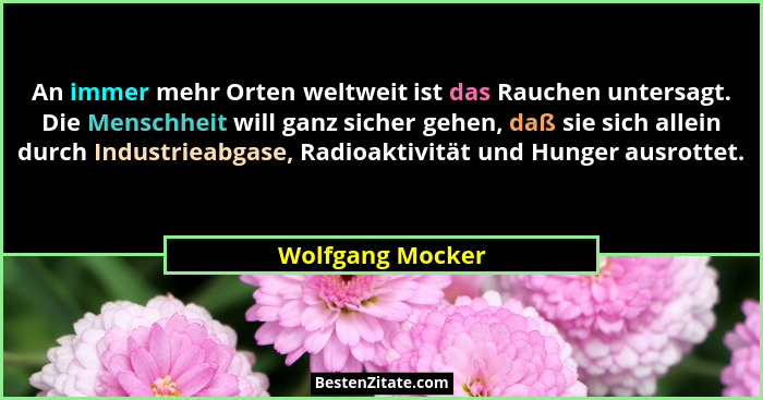 An immer mehr Orten weltweit ist das Rauchen untersagt. Die Menschheit will ganz sicher gehen, daß sie sich allein durch Industrieab... - Wolfgang Mocker
