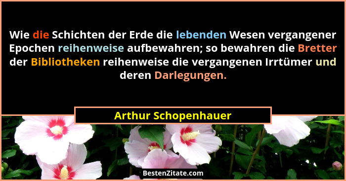 Wie die Schichten der Erde die lebenden Wesen vergangener Epochen reihenweise aufbewahren; so bewahren die Bretter der Bibliothe... - Arthur Schopenhauer