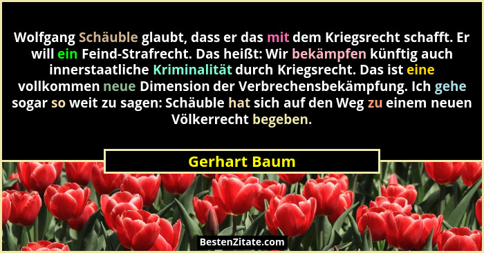Wolfgang Schäuble glaubt, dass er das mit dem Kriegsrecht schafft. Er will ein Feind-Strafrecht. Das heißt: Wir bekämpfen künftig auch... - Gerhart Baum