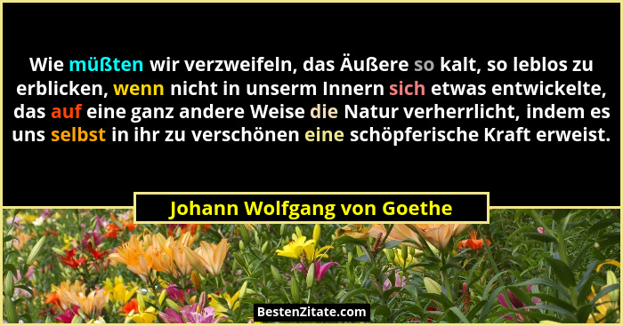 Wie müßten wir verzweifeln, das Äußere so kalt, so leblos zu erblicken, wenn nicht in unserm Innern sich etwas entwickelt... - Johann Wolfgang von Goethe