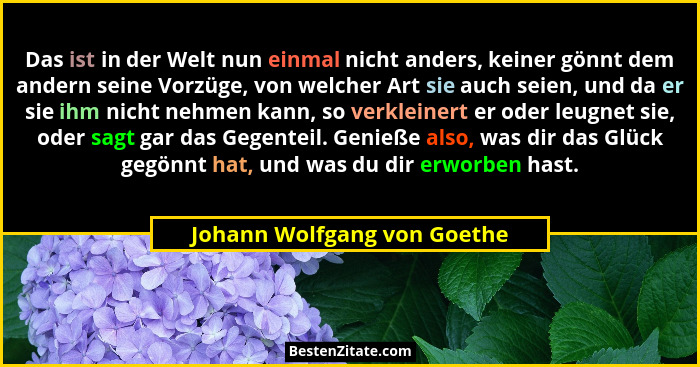Das ist in der Welt nun einmal nicht anders, keiner gönnt dem andern seine Vorzüge, von welcher Art sie auch seien, und d... - Johann Wolfgang von Goethe