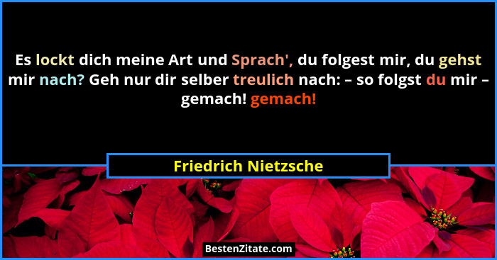 Es lockt dich meine Art und Sprach', du folgest mir, du gehst mir nach? Geh nur dir selber treulich nach: – so folgst du mir... - Friedrich Nietzsche