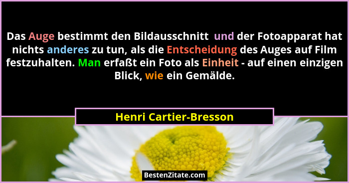 Das Auge bestimmt den Bildausschnitt  und der Fotoapparat hat nichts anderes zu tun, als die Entscheidung des Auges auf Film f... - Henri Cartier-Bresson