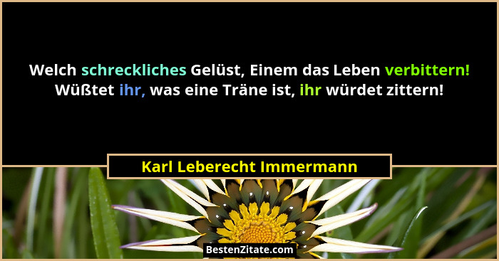 Welch schreckliches Gelüst, Einem das Leben verbittern! Wüßtet ihr, was eine Träne ist, ihr würdet zittern!... - Karl Leberecht Immermann