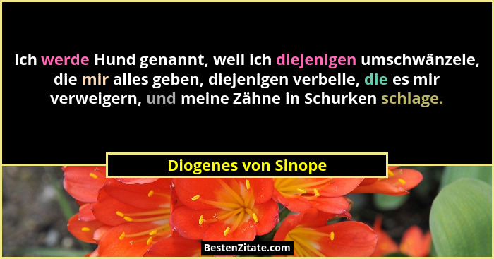 Ich werde Hund genannt, weil ich diejenigen umschwänzele, die mir alles geben, diejenigen verbelle, die es mir verweigern, und m... - Diogenes von Sinope