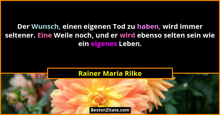 Der Wunsch, einen eigenen Tod zu haben, wird immer seltener. Eine Weile noch, und er wird ebenso selten sein wie ein eigenes Lebe... - Rainer Maria Rilke