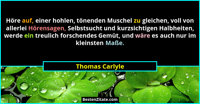 Höre auf, einer hohlen, tönenden Muschel zu gleichen, voll von allerlei Hörensagen, Selbstsucht und kurzsichtigen Halbheiten, werde e... - Thomas Carlyle