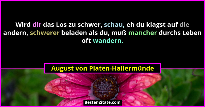 Wird dir das Los zu schwer, schau, eh du klagst auf die andern, schwerer beladen als du, muß mancher durchs Leben oft... - August von Platen-Hallermünde