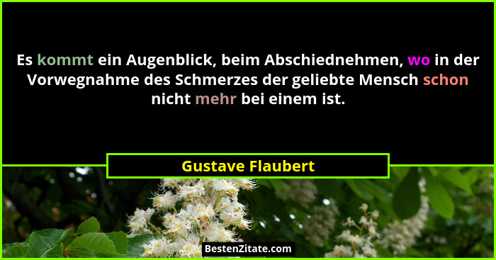 Es kommt ein Augenblick, beim Abschiednehmen, wo in der Vorwegnahme des Schmerzes der geliebte Mensch schon nicht mehr bei einem is... - Gustave Flaubert