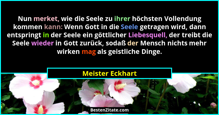 Nun merket, wie die Seele zu ihrer höchsten Vollendung kommen kann: Wenn Gott in die Seele getragen wird, dann entspringt in der See... - Meister Eckhart