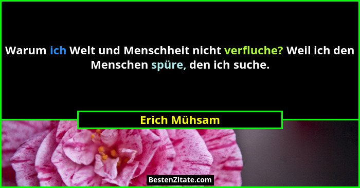 Warum ich Welt und Menschheit nicht verfluche? Weil ich den Menschen spüre, den ich suche.... - Erich Mühsam