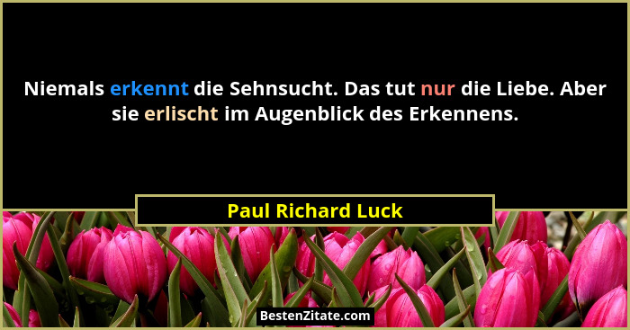 Niemals erkennt die Sehnsucht. Das tut nur die Liebe. Aber sie erlischt im Augenblick des Erkennens.... - Paul Richard Luck