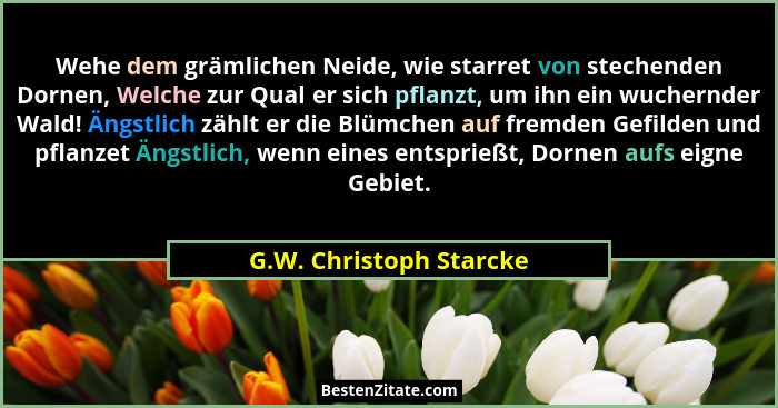 Wehe dem grämlichen Neide, wie starret von stechenden Dornen, Welche zur Qual er sich pflanzt, um ihn ein wuchernder Wald! Än... - G.W. Christoph Starcke