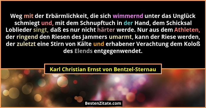 Weg mit der Erbärmlichkeit, die sich wimmernd unter das Unglück schmiegt und, mit dem Schnupftuch in der Ha... - Karl Christian Ernst von Bentzel-Sternau