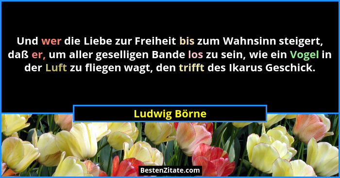 Und wer die Liebe zur Freiheit bis zum Wahnsinn steigert, daß er, um aller geselligen Bande los zu sein, wie ein Vogel in der Luft zu f... - Ludwig Börne