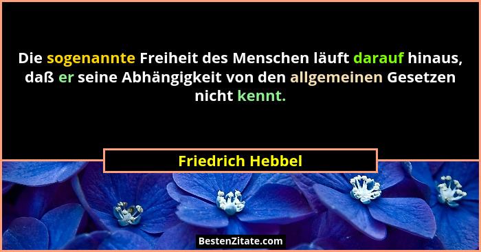 Die sogenannte Freiheit des Menschen läuft darauf hinaus, daß er seine Abhängigkeit von den allgemeinen Gesetzen nicht kennt.... - Friedrich Hebbel