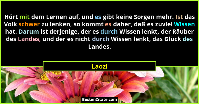 Hört mit dem Lernen auf, und es gibt keine Sorgen mehr. Ist das Volk schwer zu lenken, so kommt es daher, daß es zuviel Wissen hat. Darum ist... - Laozi