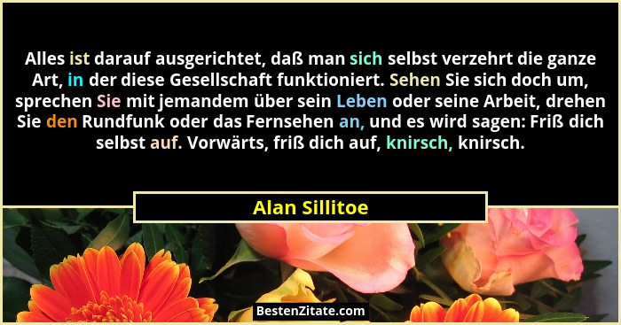 Alles ist darauf ausgerichtet, daß man sich selbst verzehrt die ganze Art, in der diese Gesellschaft funktioniert. Sehen Sie sich doch... - Alan Sillitoe