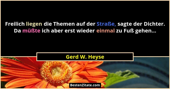 Freilich liegen die Themen auf der Straße, sagte der Dichter. Da müßte ich aber erst wieder einmal zu Fuß gehen...... - Gerd W. Heyse