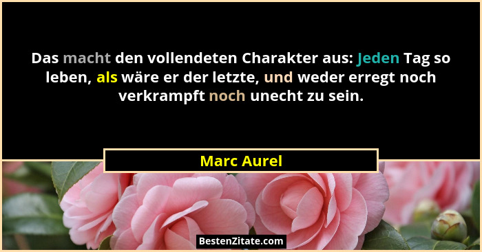 Das macht den vollendeten Charakter aus: Jeden Tag so leben, als wäre er der letzte, und weder erregt noch verkrampft noch unecht zu sein... - Marc Aurel