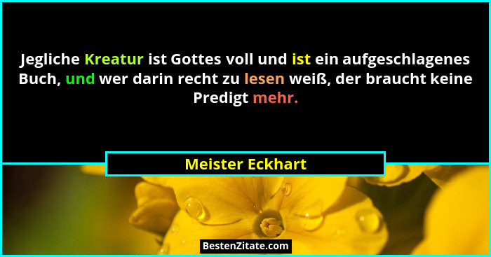Jegliche Kreatur ist Gottes voll und ist ein aufgeschlagenes Buch, und wer darin recht zu lesen weiß, der braucht keine Predigt mehr... - Meister Eckhart