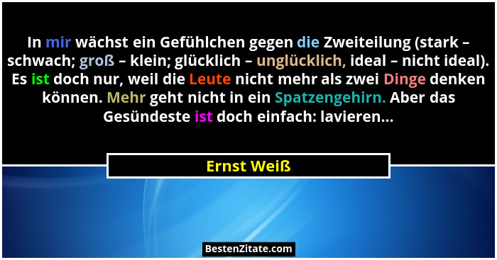 In mir wächst ein Gefühlchen gegen die Zweiteilung (stark – schwach; groß – klein; glücklich – unglücklich, ideal – nicht ideal). Es ist... - Ernst Weiß