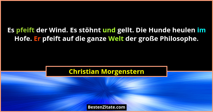 Es pfeift der Wind. Es stöhnt und gellt. Die Hunde heulen im Hofe. Er pfeift auf die ganze Welt der große Philosophe.... - Christian Morgenstern