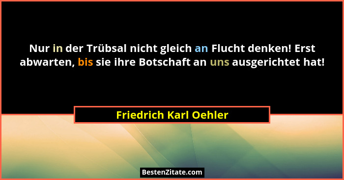 Nur in der Trübsal nicht gleich an Flucht denken! Erst abwarten, bis sie ihre Botschaft an uns ausgerichtet hat!... - Friedrich Karl Oehler
