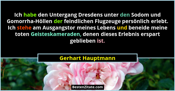 Ich habe den Untergang Dresdens unter den Sodom und Gomorrha-Höllen der feindlichen Flugzeuge persönlich erlebt. Ich stehe am Ausg... - Gerhart Hauptmann