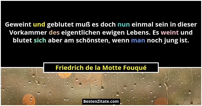 Geweint und geblutet muß es doch nun einmal sein in dieser Vorkammer des eigentlichen ewigen Lebens. Es weint und blute... - Friedrich de la Motte Fouqué