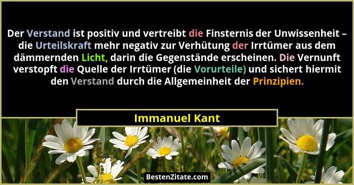 Der Verstand ist positiv und vertreibt die Finsternis der Unwissenheit – die Urteilskraft mehr negativ zur Verhütung der Irrtümer aus... - Immanuel Kant