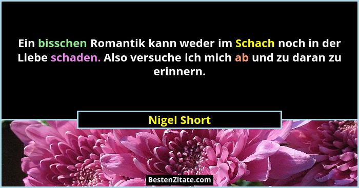 Ein bisschen Romantik kann weder im Schach noch in der Liebe schaden. Also versuche ich mich ab und zu daran zu erinnern.... - Nigel Short