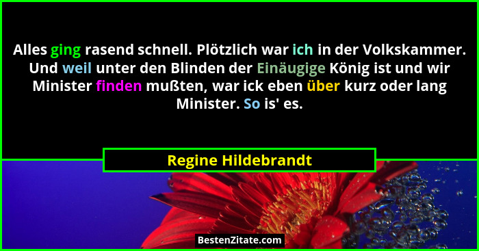 Alles ging rasend schnell. Plötzlich war ich in der Volkskammer. Und weil unter den Blinden der Einäugige König ist und wir Minis... - Regine Hildebrandt